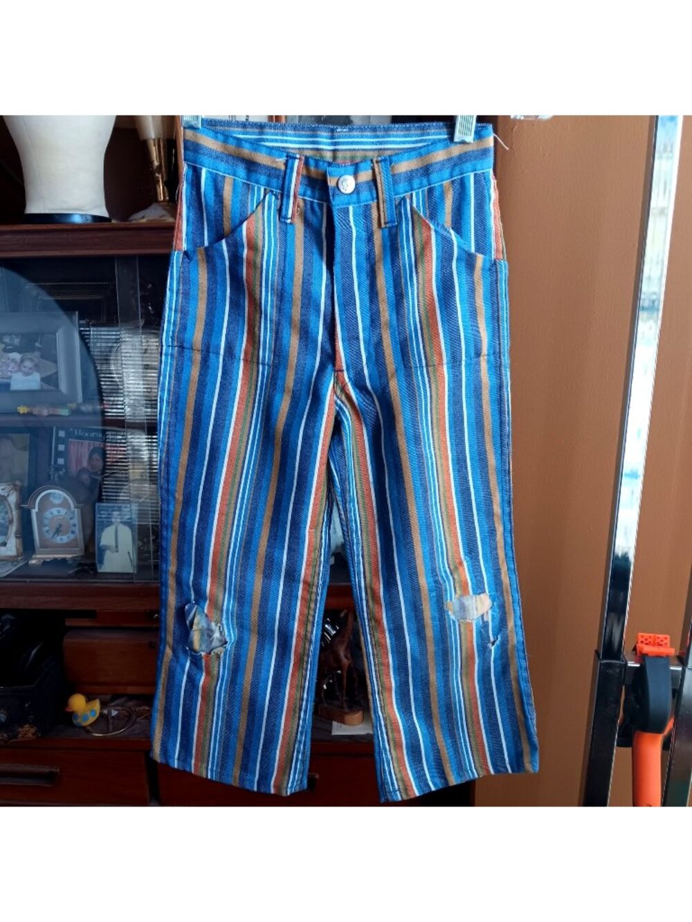 Vintage Boys 20x17 Jeans 1970's Blue Multicolor Striped Pants Distressed Knees